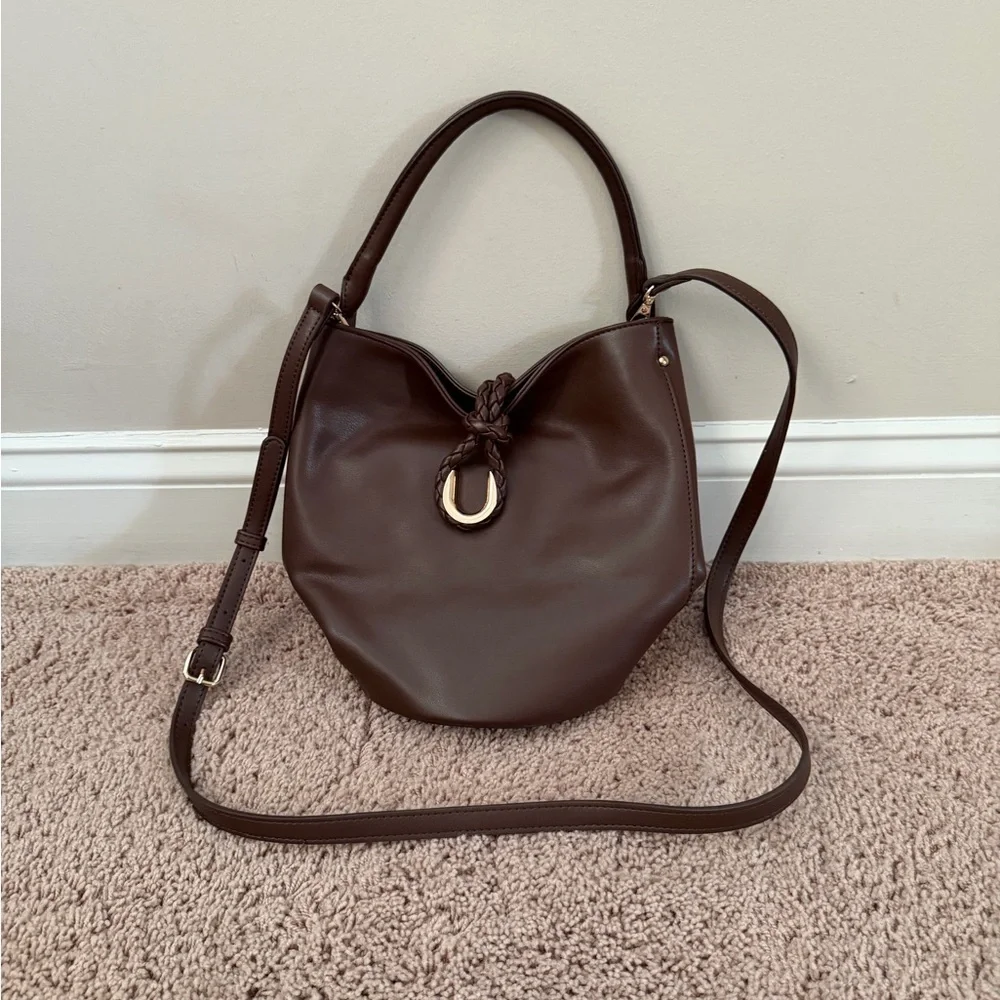 New Anthropologie aota twist tie top handle bucket bag crossbody brown gold
